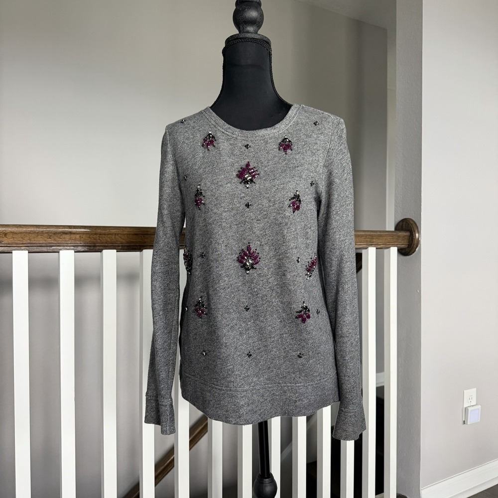 Ann Taylor Loft Jewel Rhinestone Long Sleeve Sweatshirt Gray XS Whimsigoth Glam
